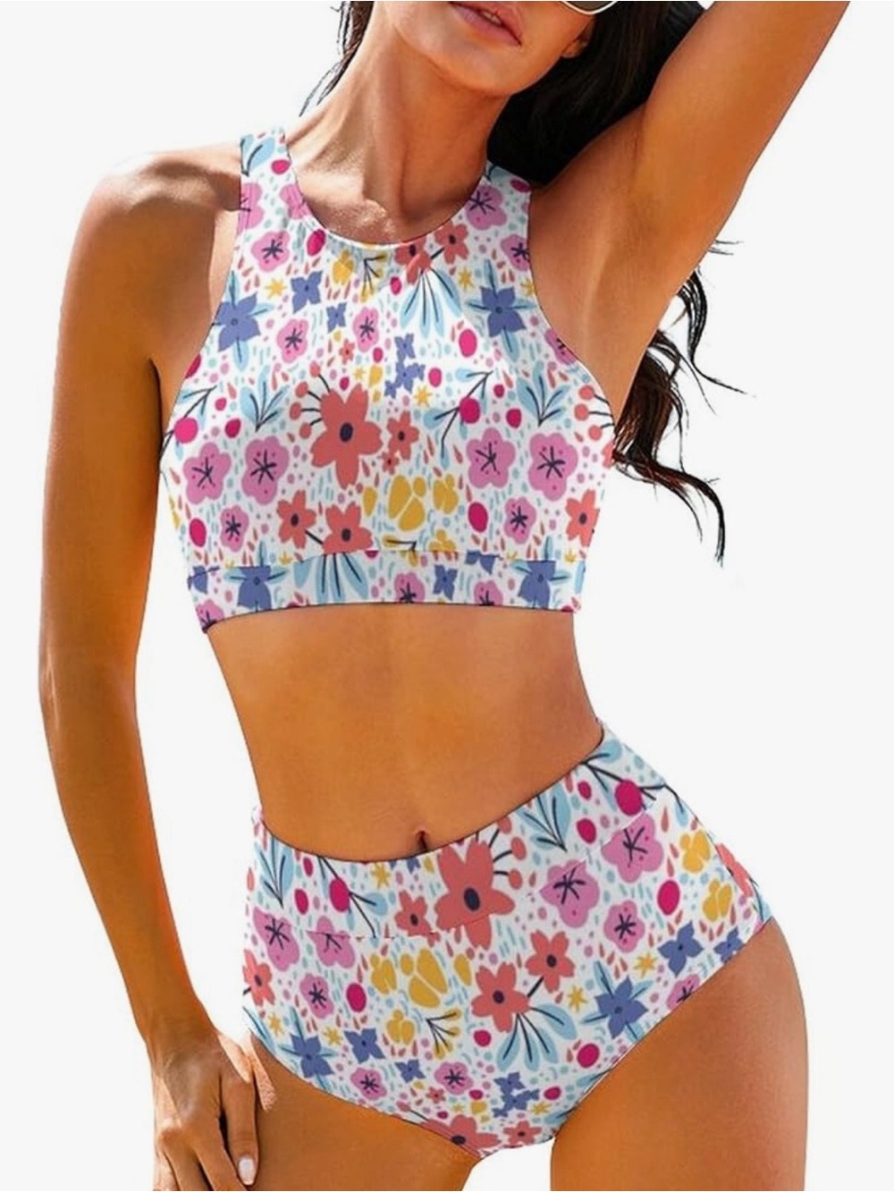High-Neck Floral Bikini Set in Multi-Color NWOT